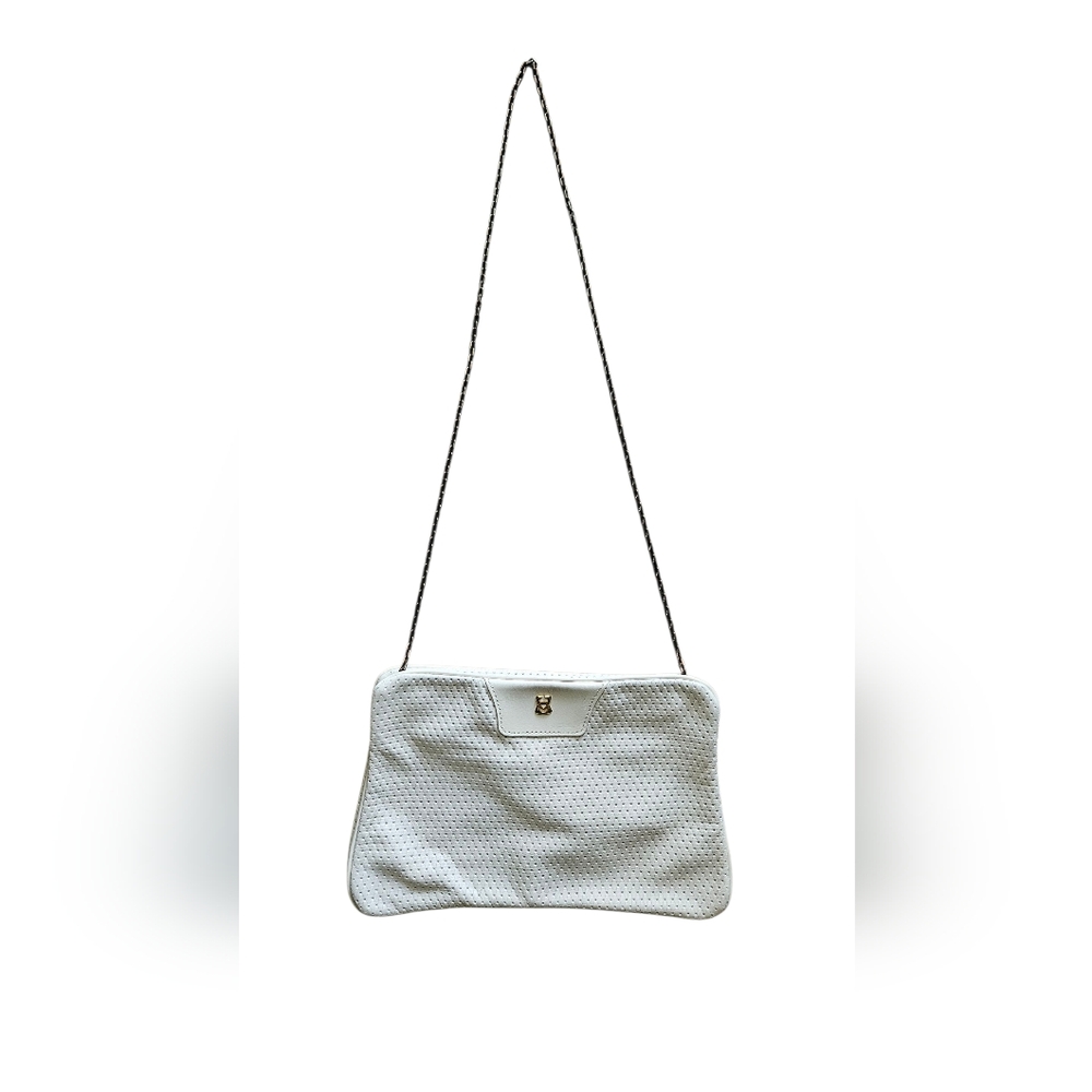 Vintage White Perforated leather bag with Metal Chain